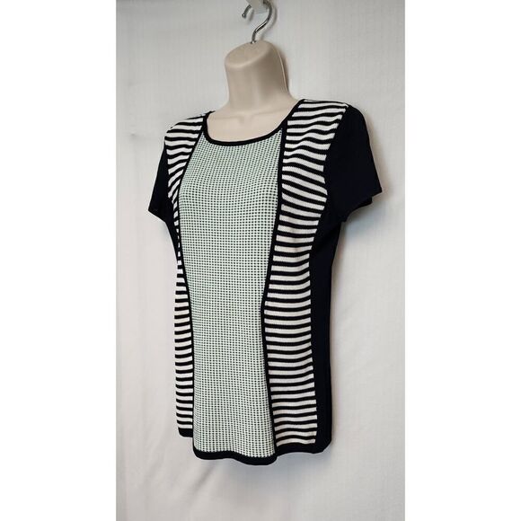 ANTONIO MELANI Navy Blue Round Neck Striped Blouse Cap Sleeve Size M - Picture 3 of 6